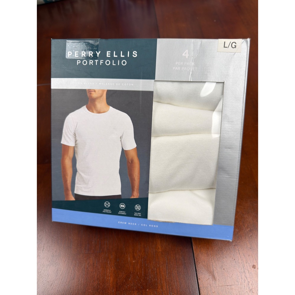 Perry Ellis Portfolio Mens 4-Pack Crew Neck Undershirts White Large New $42